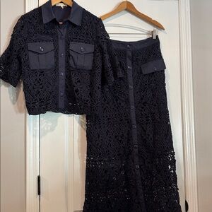 Solitaire Navy Blue Embroidered Lace Maxi Skirt & Top Set Size Medium NWT